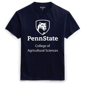 short sleeve navy t-shirt with Penn State College of Agricultural Sciences below Lion Shield graphic